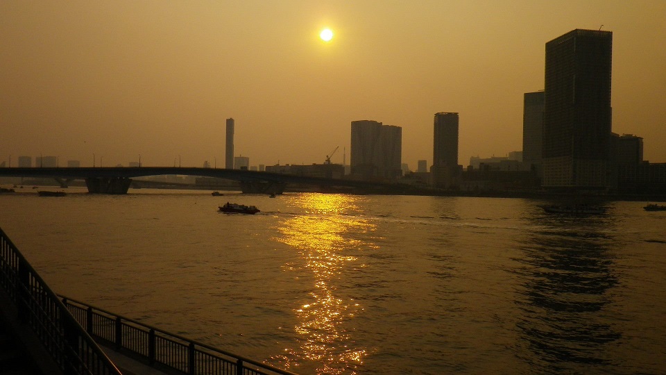 東京湾大華火祭、晴海大橋に傾きかけた太陽。